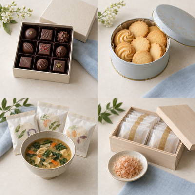 選び方のイメージ：チョコレート、クッキー、お味噌汁、鰹節