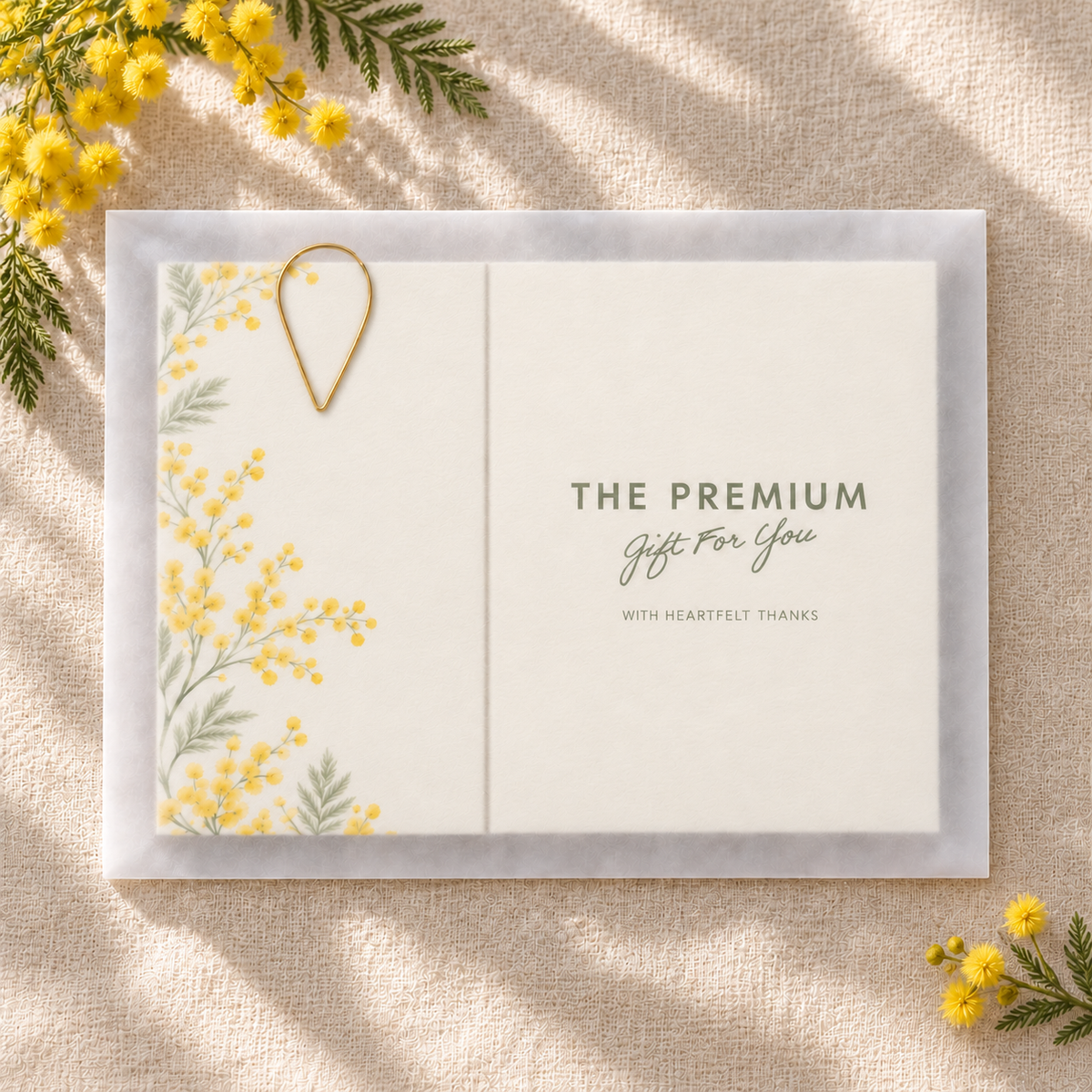 引き出物カード レイヤー YELLOW FLORAL｜トレーシング封筒に入れた表側のイメージ