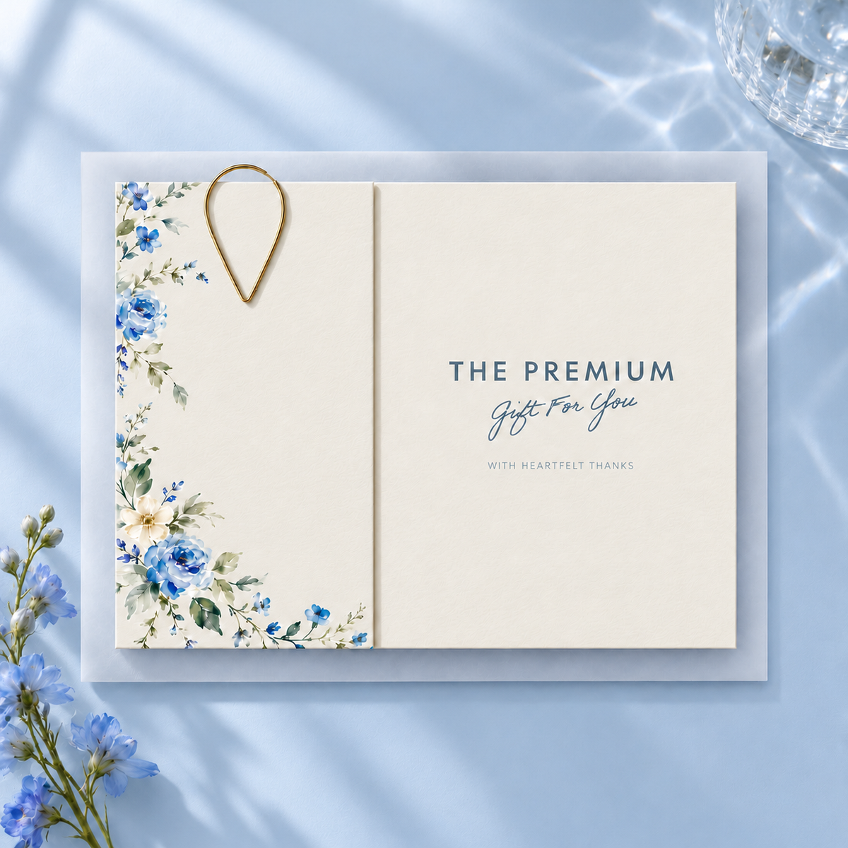 引き出物カード レイヤー BLUE FLORAL｜クリップで留めた完成イメージ