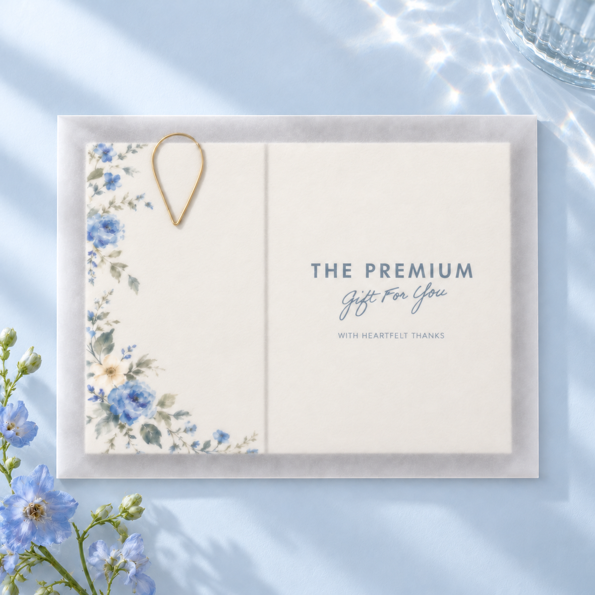 引き出物カード レイヤー BLUE FLORAL｜トレーシング封筒に入れた表側のイメージ